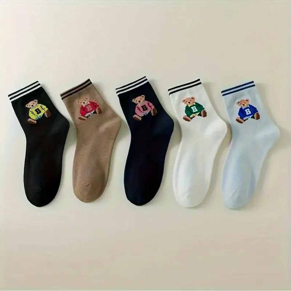 Embroidered Bear Crew Socks - Pack of 5 NWT